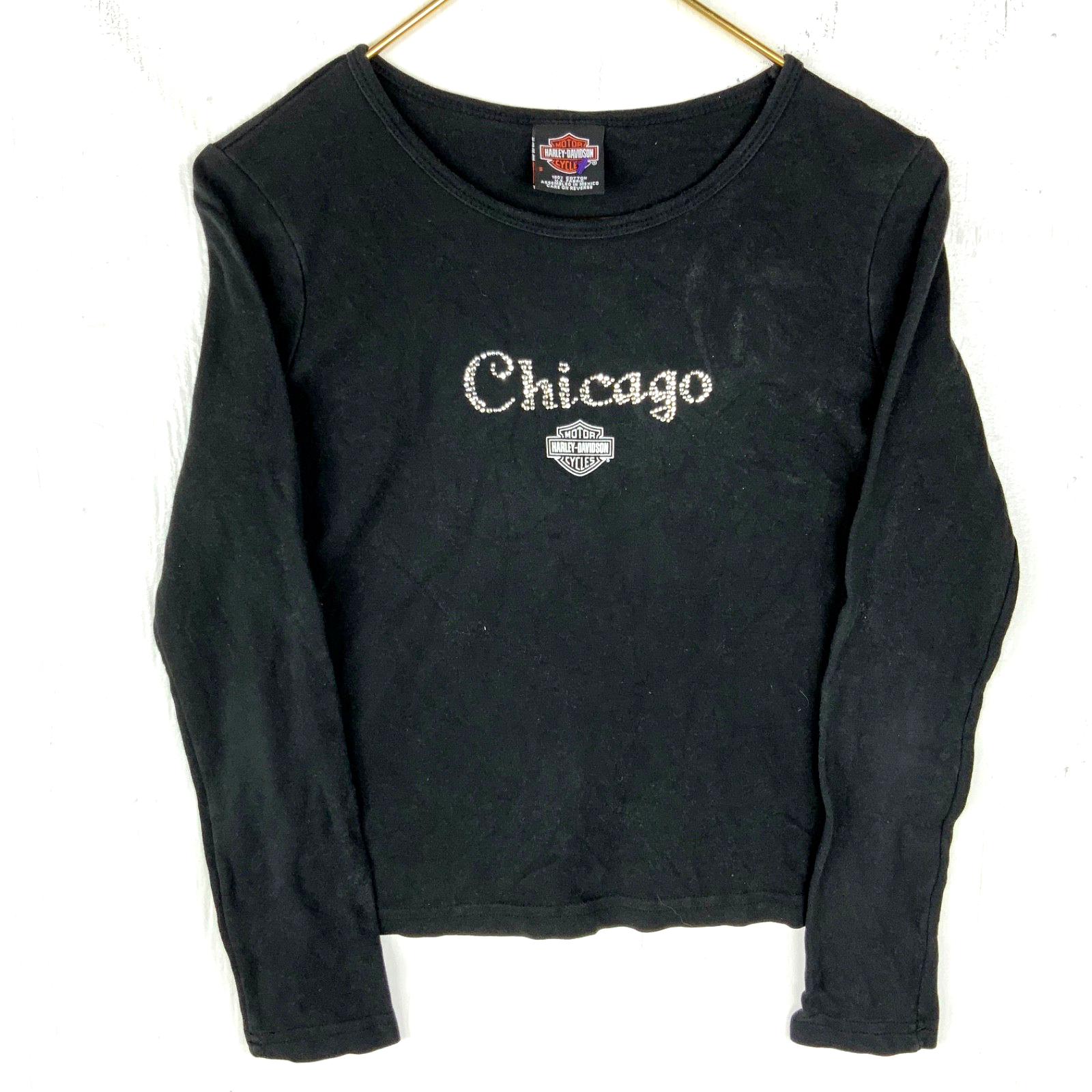 Vintage Harley Davidson Long Sleeve Shirt Women's Small Black Double Bedazzled