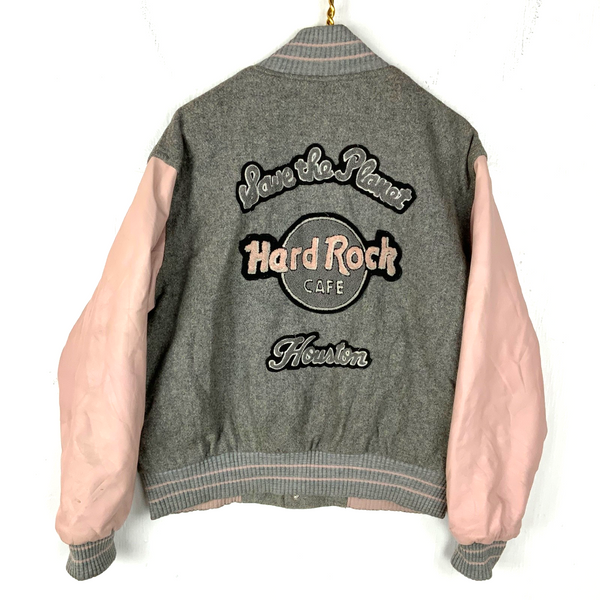 Vintage Hard Rock Cafe Wool Leather Bomber Jacket Medium Gray Snap Button 90s