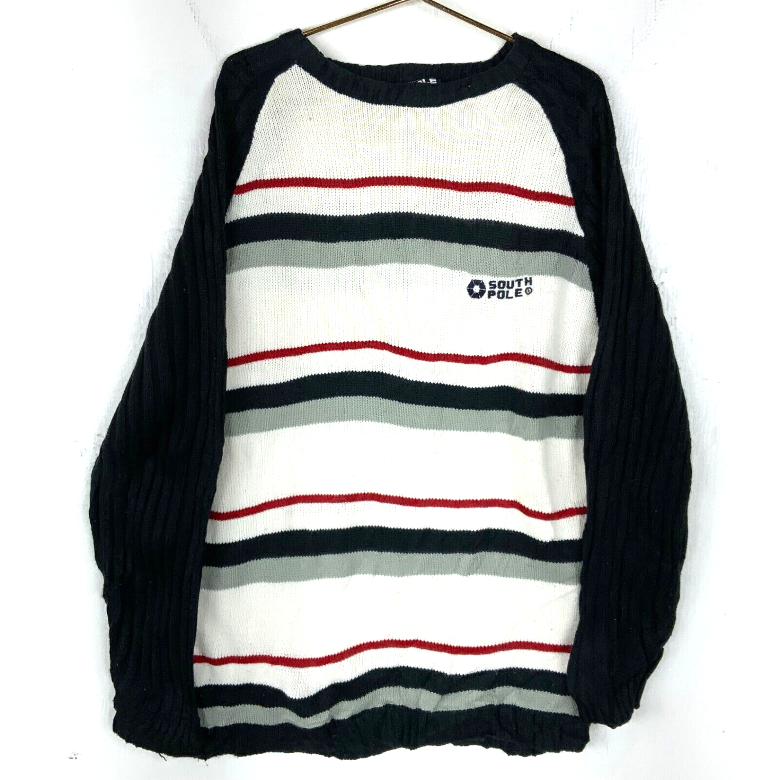 Y2K South Pole Knit Sweater Size Large White Raglan Striped Streetwear