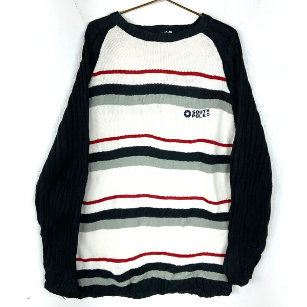 Y2K South Pole Knit Sweater Size Large White Raglan Striped Streetwear