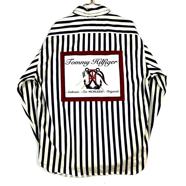 Vintage Tommy Hilfiger Shirt Size Large Striped Big Patch SpellOut Embroidered