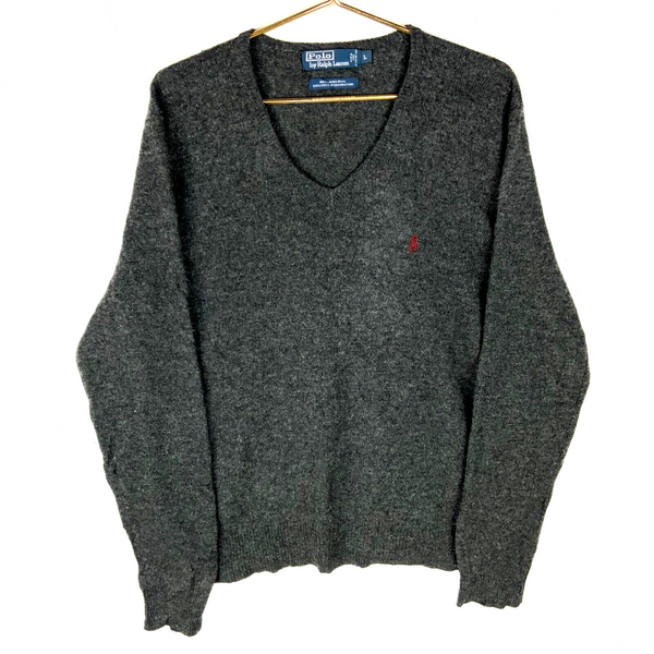 Vintage Polo Ralph Lauren Knit Wool Sweater Large Gray V-neck