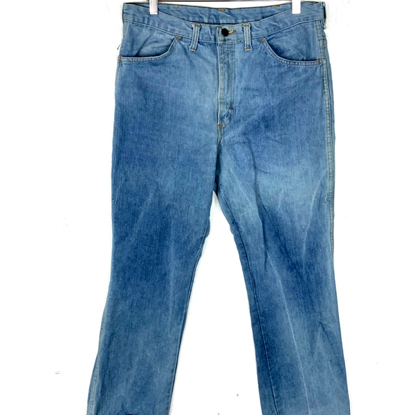 Vintage 1970s Mr Leggs Denim Jean 35x30 Blue Light Wash Flare Bootcut Usa