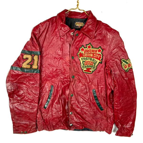 Vintage 1970s Leather Varsity Letterman Jacket Large Red Made In Canada