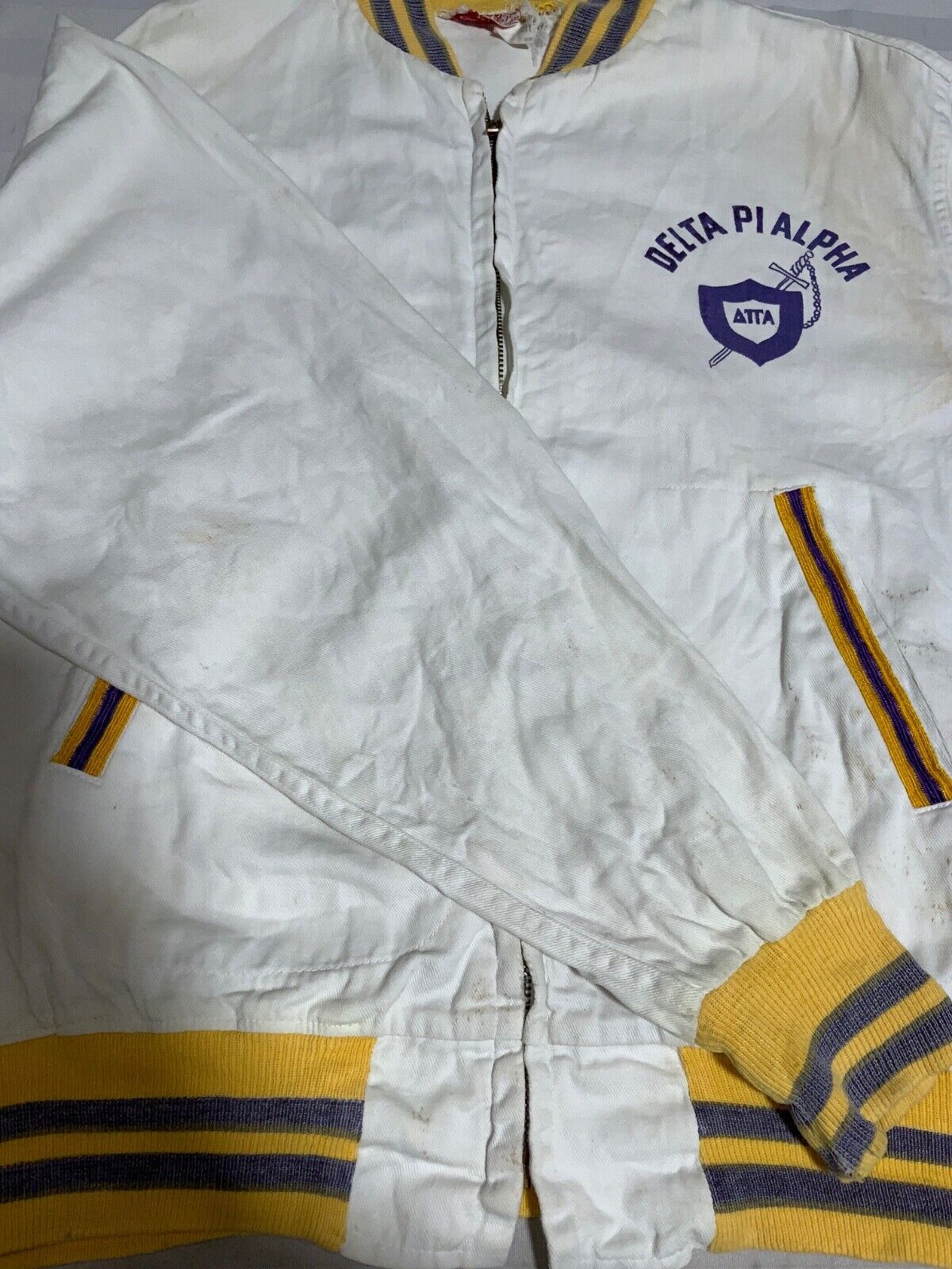 Vintage 1950s Jacket Large Full Zip Distressed Delta Pi Alpha Fraternity Bomber