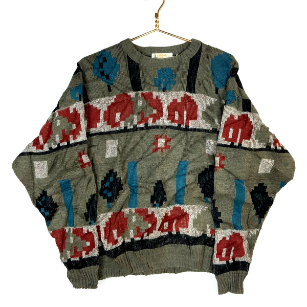 Vintage 1990s Grandpa Wool Knit Sweater Medium Multicolor Crewneck Pattern