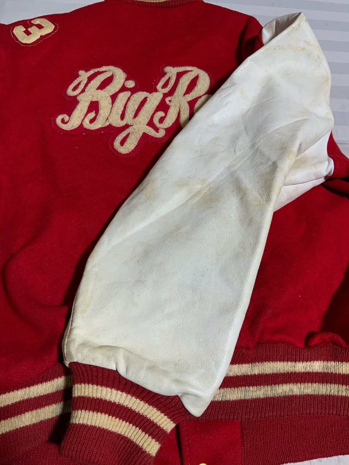 Vintage 1970s Wool Leather Varsity Bomber Jacket Large Red Snap Button Steerhide