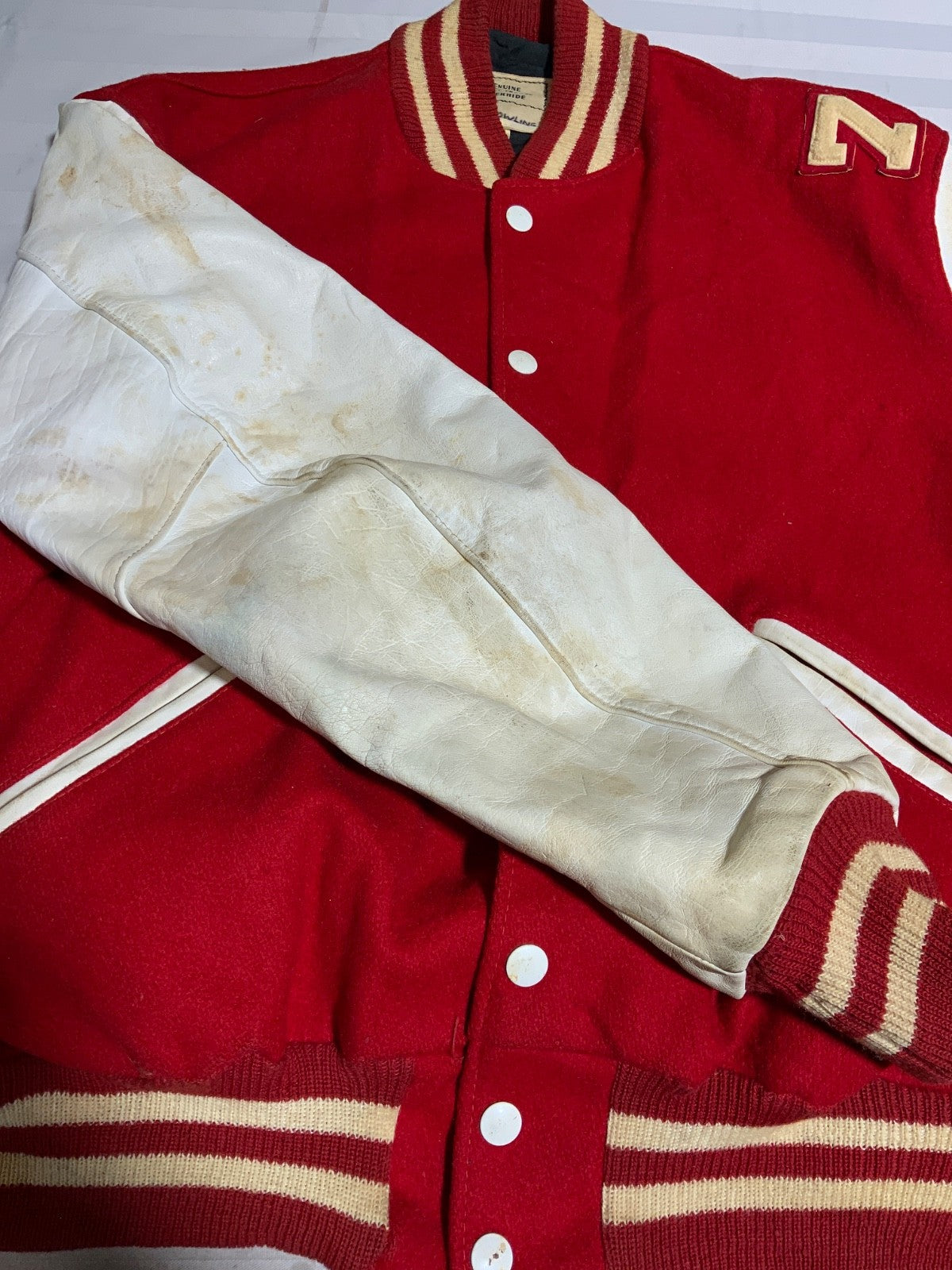 Vintage 1970s Wool Leather Varsity Bomber Jacket Large Red Snap Button Steerhide