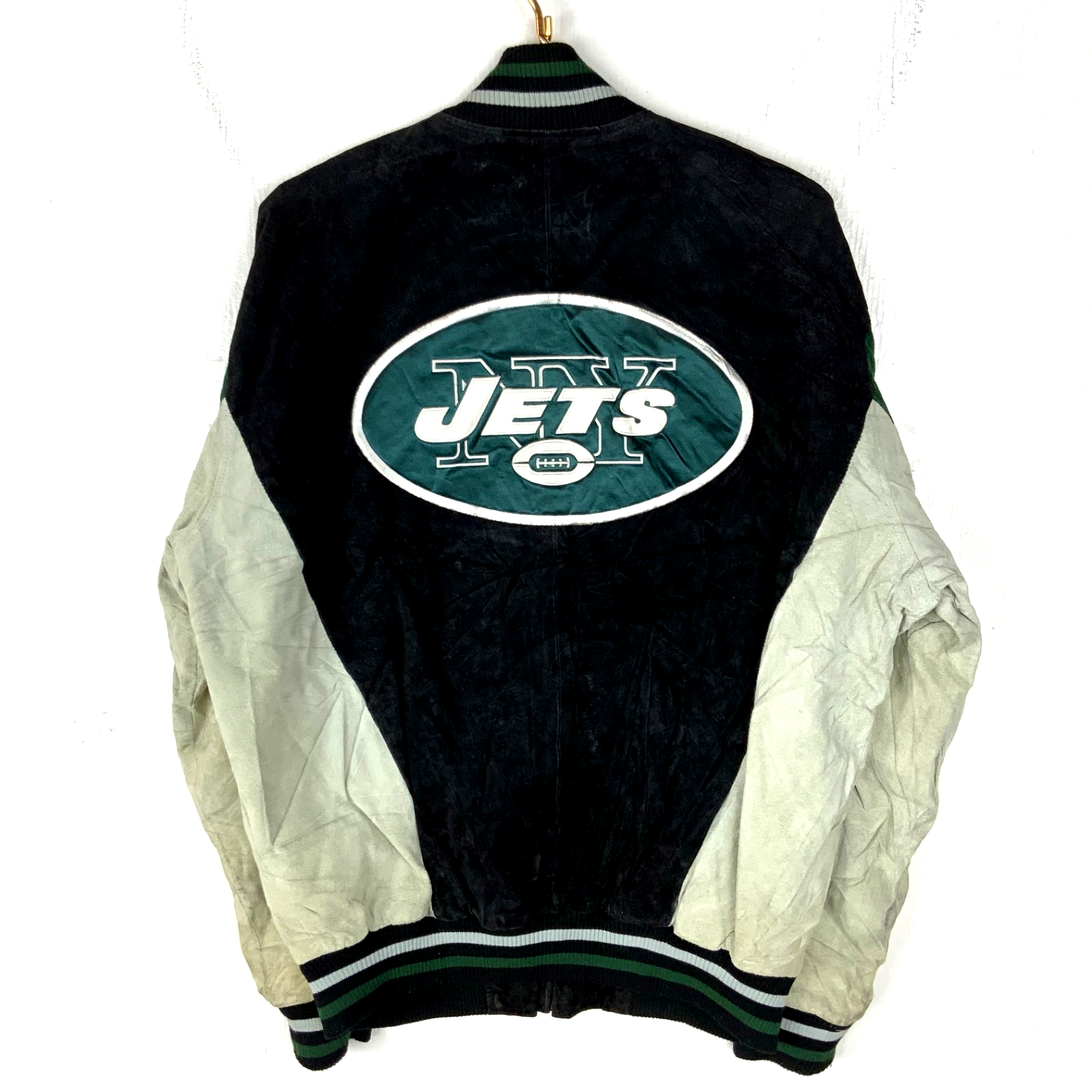 New York Jets Suede Leather Varsity Bomber Jacket Large Full Zip