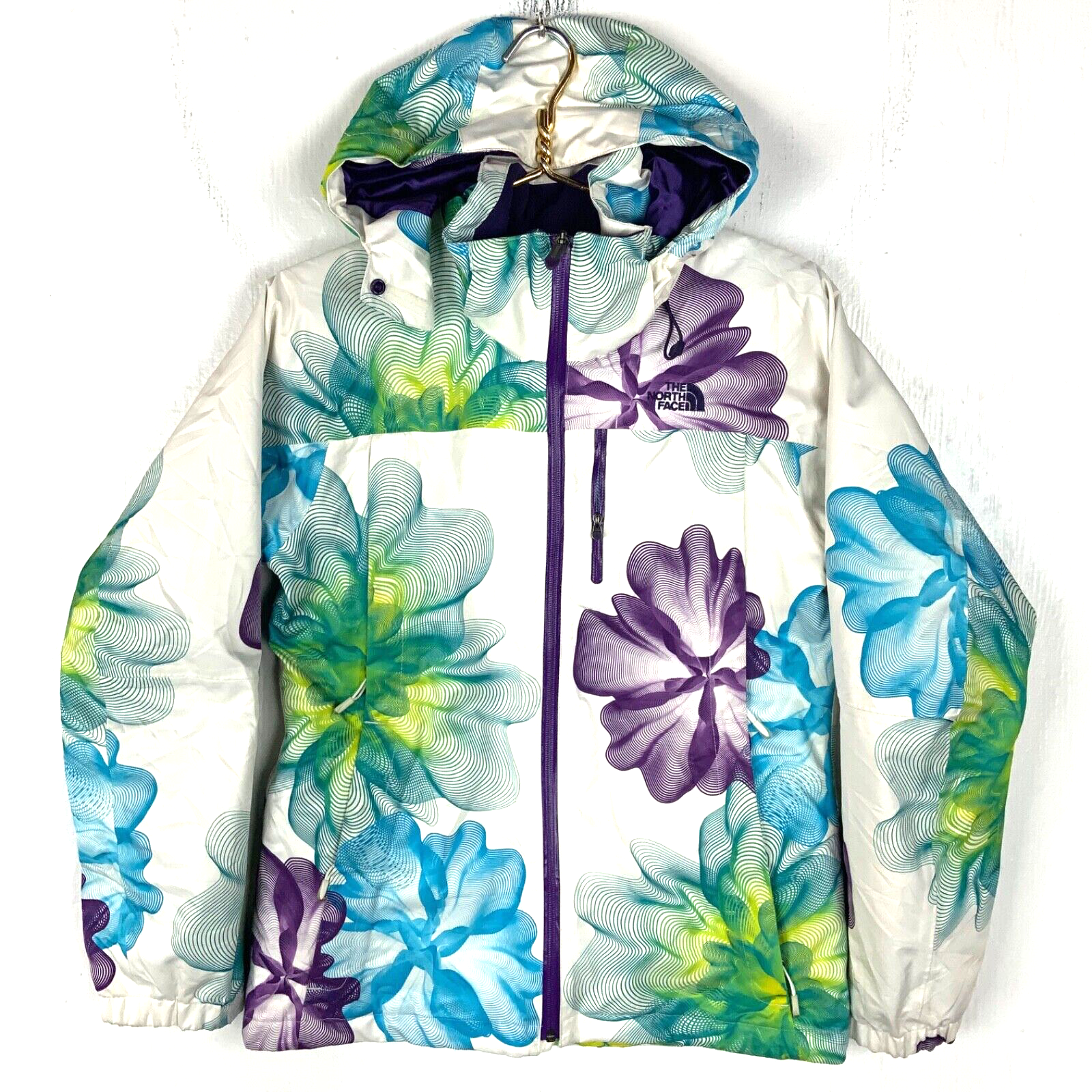 The North Face Womens Light Puffer Jacket Small White Full Zip Floral Hooded