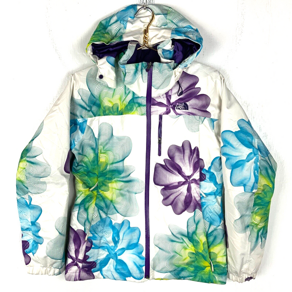The North Face Womens Light Puffer Jacket Small White Full Zip Floral Hooded