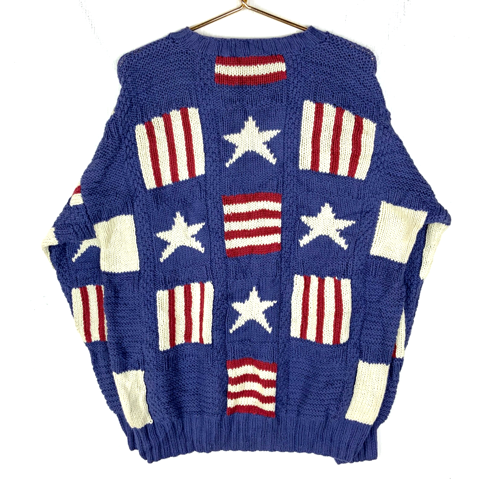 Vintage 1990s Grandpa Knit Sweater XL Blue Crewneck Pattern American Flag