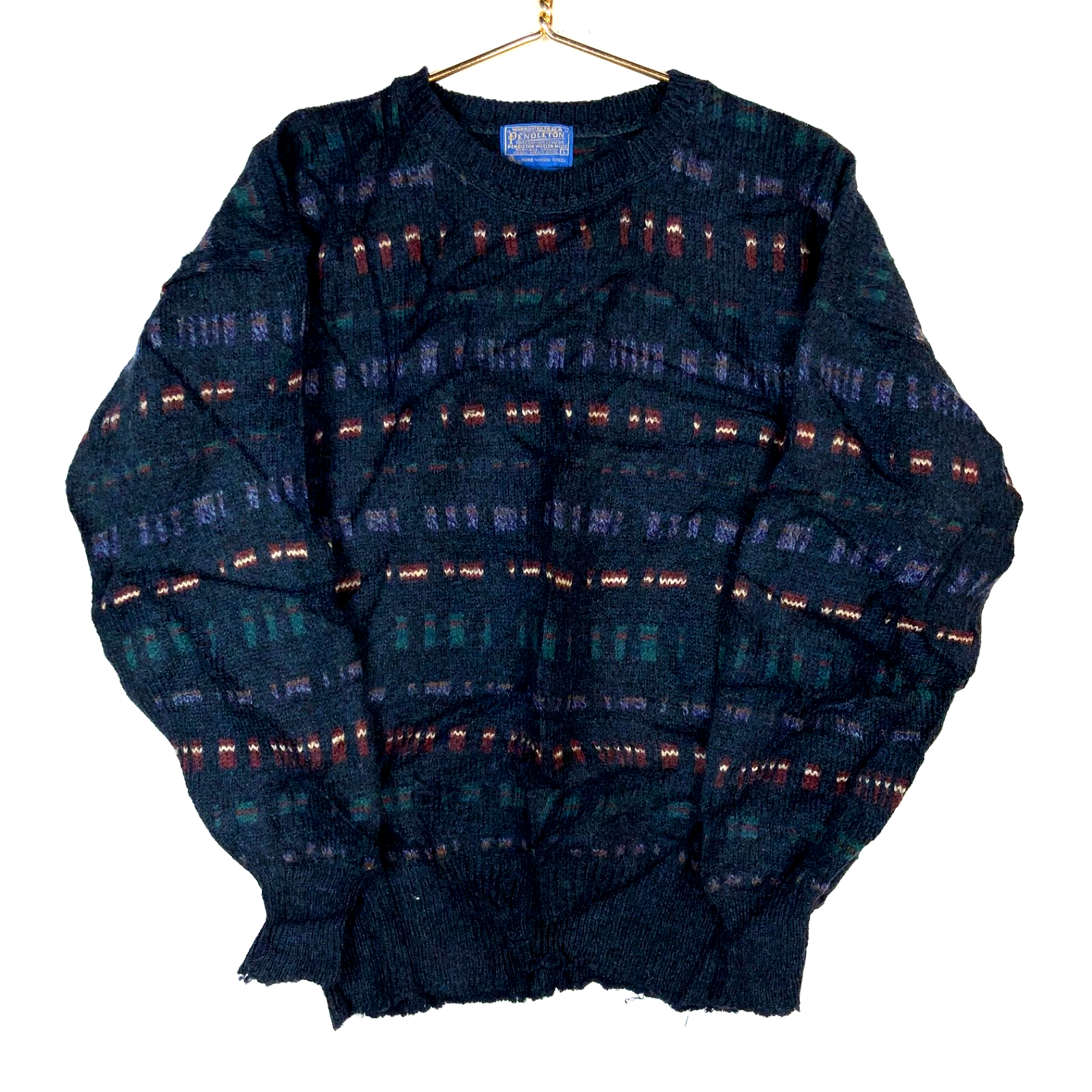 Vintage Pendleton Lobo Wool Knit Sweater Large Blue Crewneck Pattern 90s
