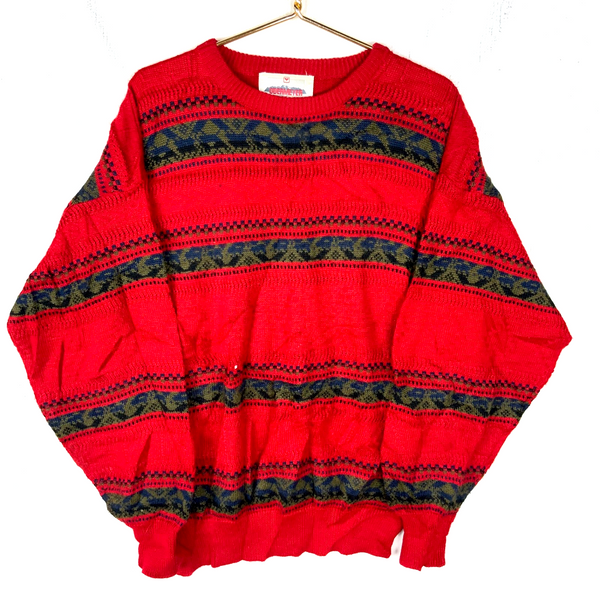 Vintage 1990s Grandpa Wool Knit Sweater XL Red Crewneck Pattern