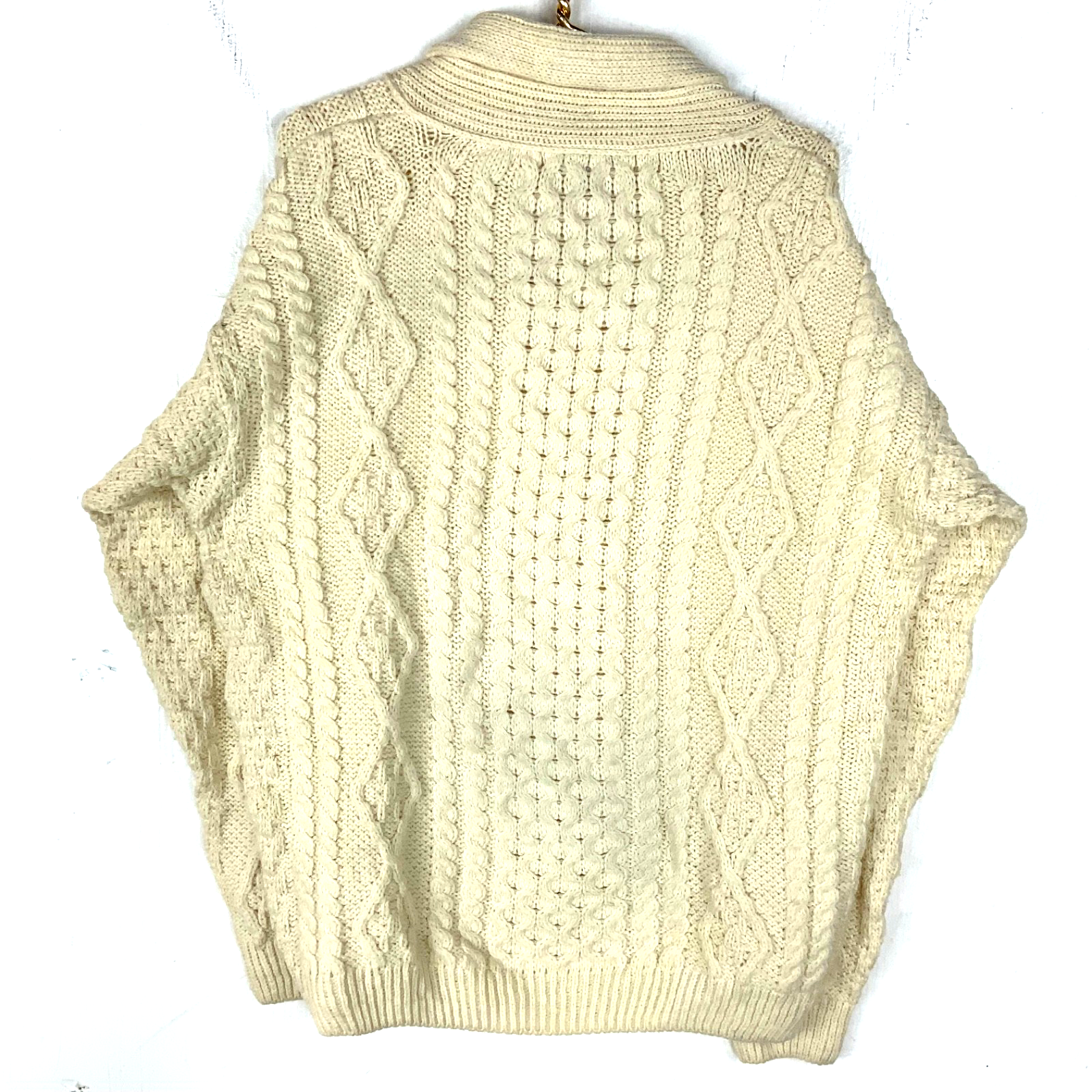 Vintage Irish Wool Grandpa Cable Knit Sweater Large White Shawl