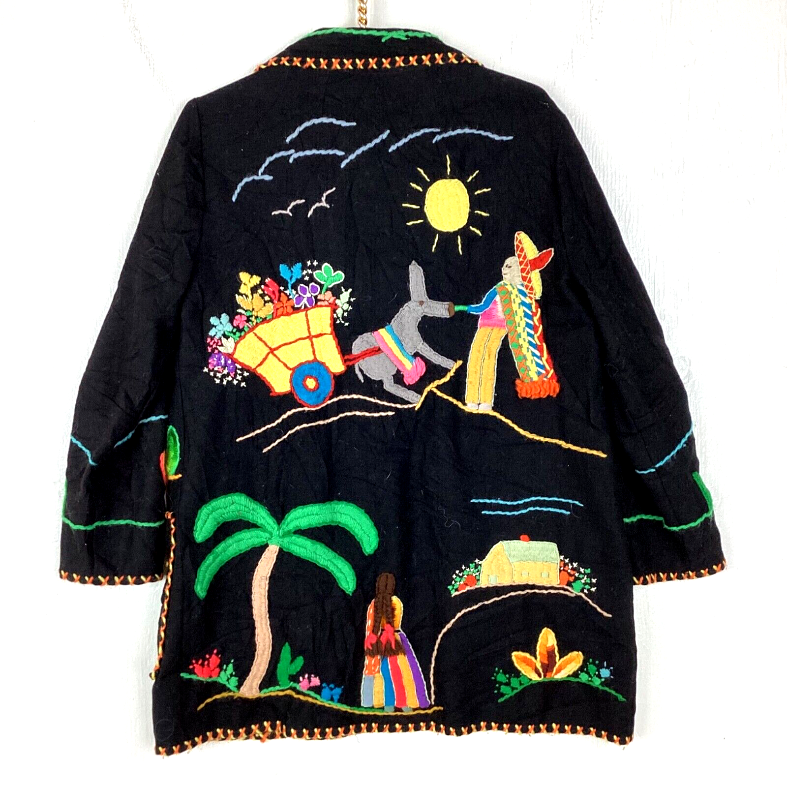 Vintage Mexican Souvenir Wool Cardigan Sweater Women's Medium Hand Made Shawl