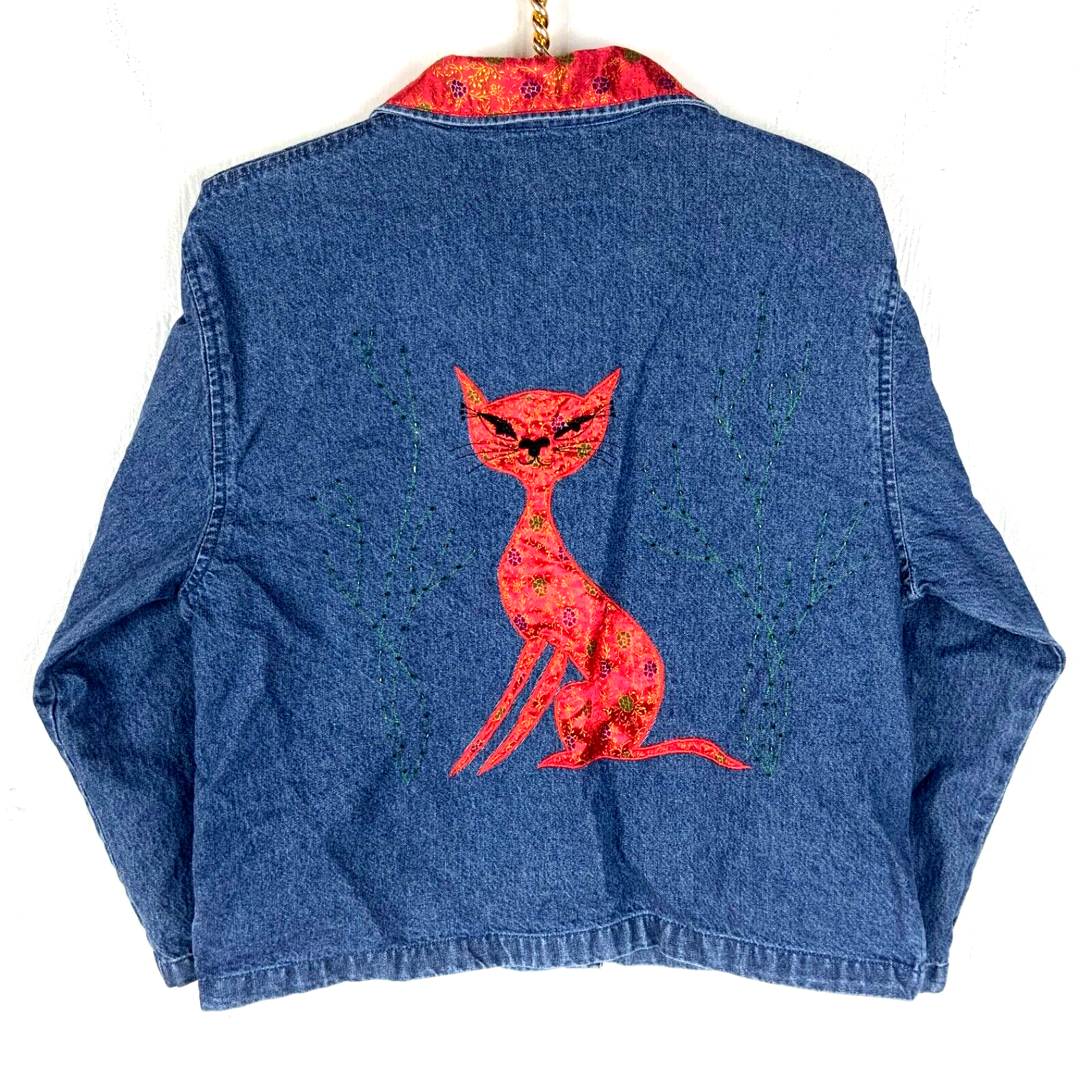 Vintage Women's Denim Shirt Jacket Large Medium Wash Cats Embroidered 90s