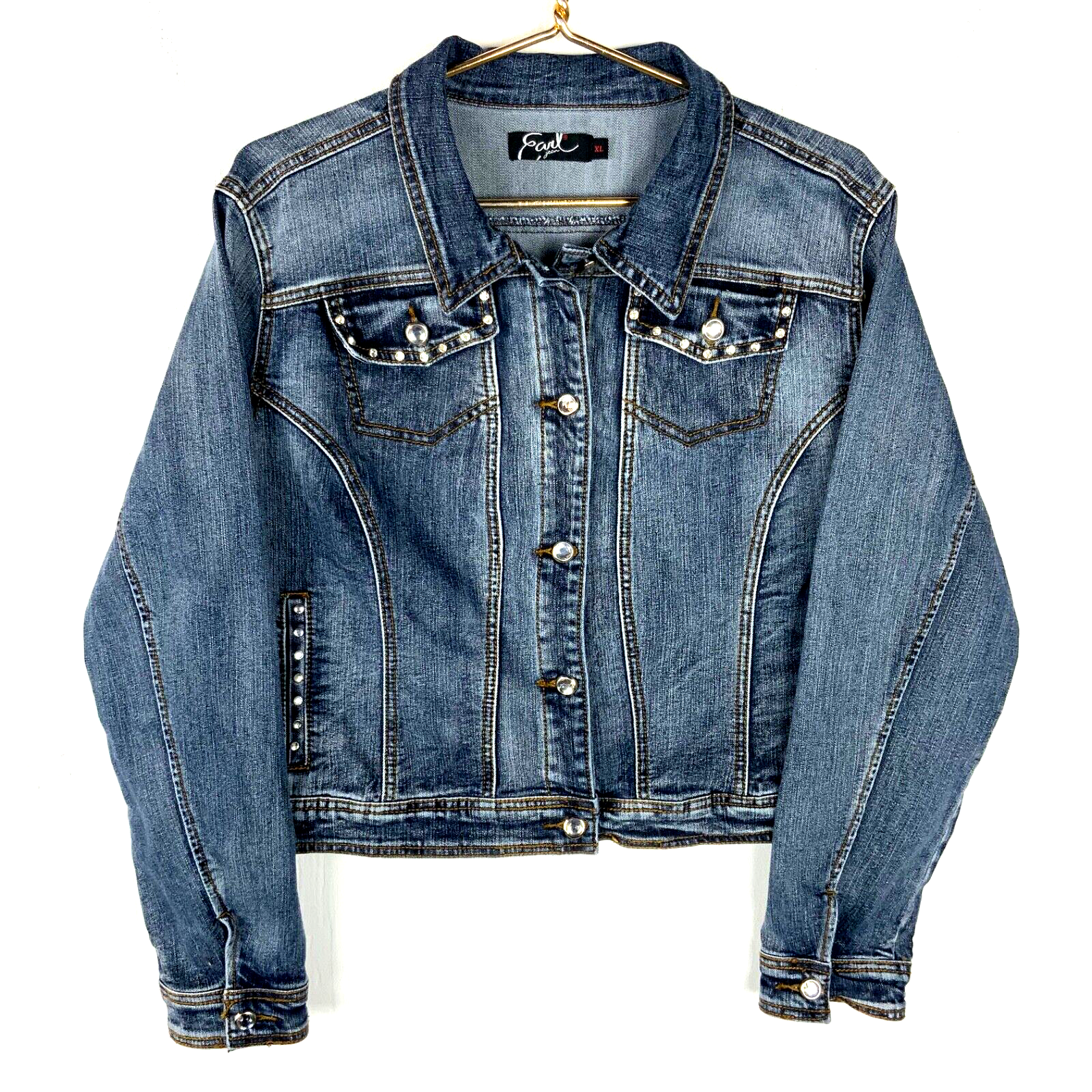 Y2K Women's Denim Jean Trucker Jacket XL Blue Bedazzled