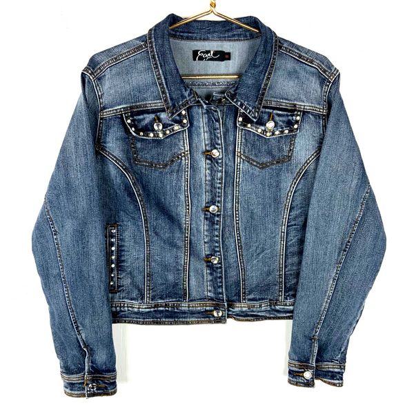 Y2K Women's Denim Jean Trucker Jacket XL Blue Bedazzled