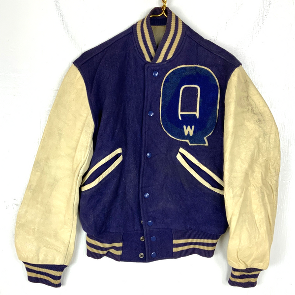 Vintage 1970s Wool Leather Varsity Bomber Jacket Small Blue Snap Button